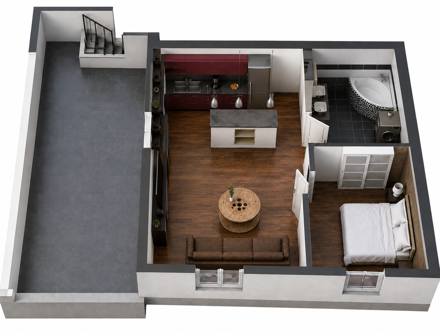 Plan 3D de l'étage d'environ 40 m² : salon, cuisine, chambre, salle d'eau et terrasse